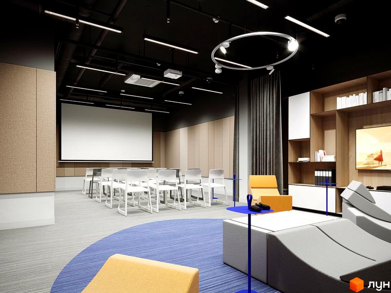 Інтер'єр конференц-залу в Житловому комплексі CINEMA HOUSE з проєктором та екраном. Зручні меблі для відпочинку та переговорів.