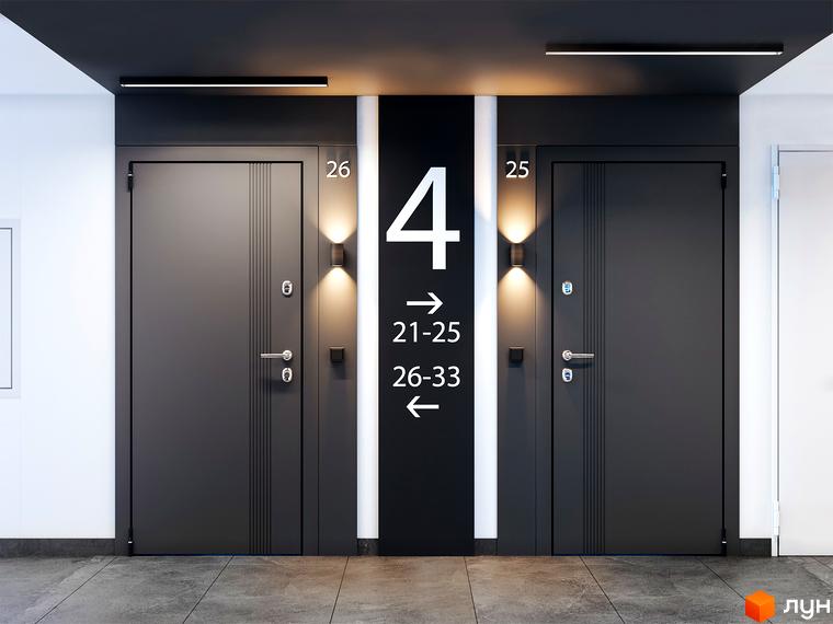 Інтер'єр поверху в Житловому комплексі CINEMA HOUSE з номерами квартир 21-33. Двері квартир та покажчики на стінах.