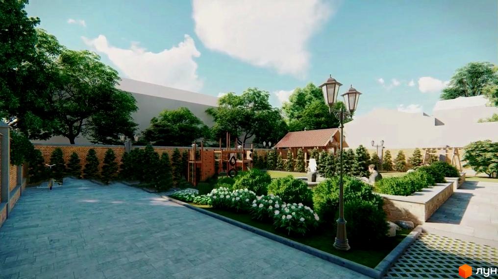 Житловий комплекс Княжеский: дитячий майданчик та зелена зона з кущами та квітами. Територія комплексу з бруківкою та парканом.