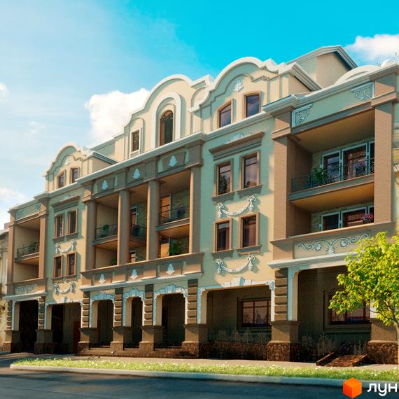 Житловий комплекс Княжеский: фасади будівель у класичному стилі з колонами та балконами. Навколо будівель зелені насадження та доглянута територія.