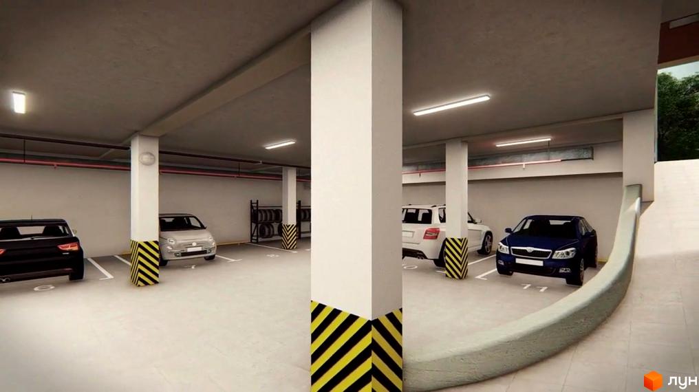 Підземний паркінг у ЖК Княжеский з автомобілями та місцями для паркування. Огляд паркінгу з автомобілями.