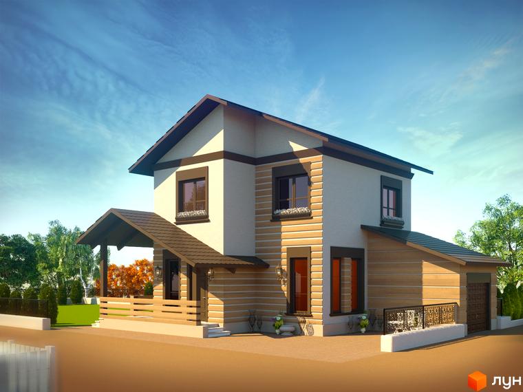 Котеджне містечко КМ Сухий Лиман: двоповерховий будинок з коричневим дахом, великими вікнами та ганком, оточений деревами та зеленою ділянкою.