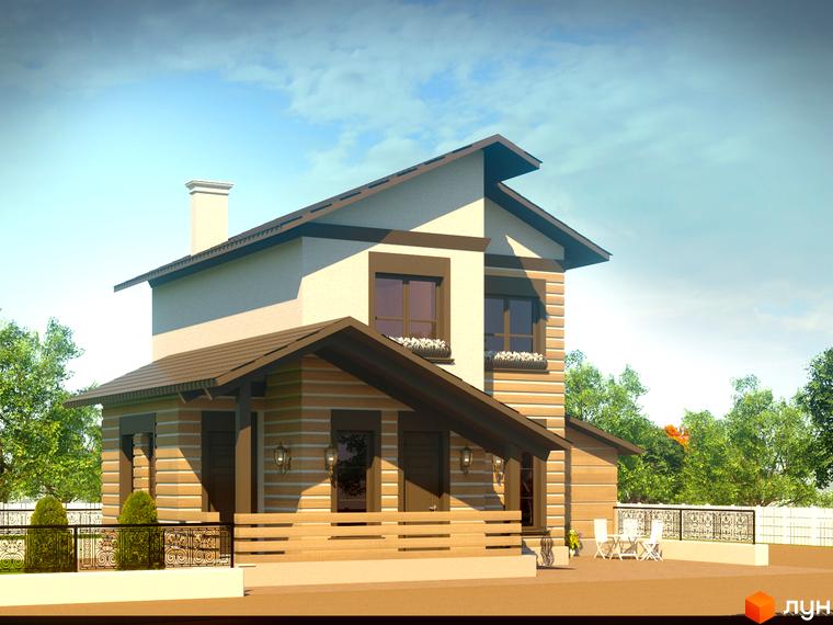 Котеджне містечко Сухий Лиман: двоповерховий будинок з коричневим дахом та дерев'яним оздобленням фасаду, перед будинком розташована тераса з меблями та зелені насадження.