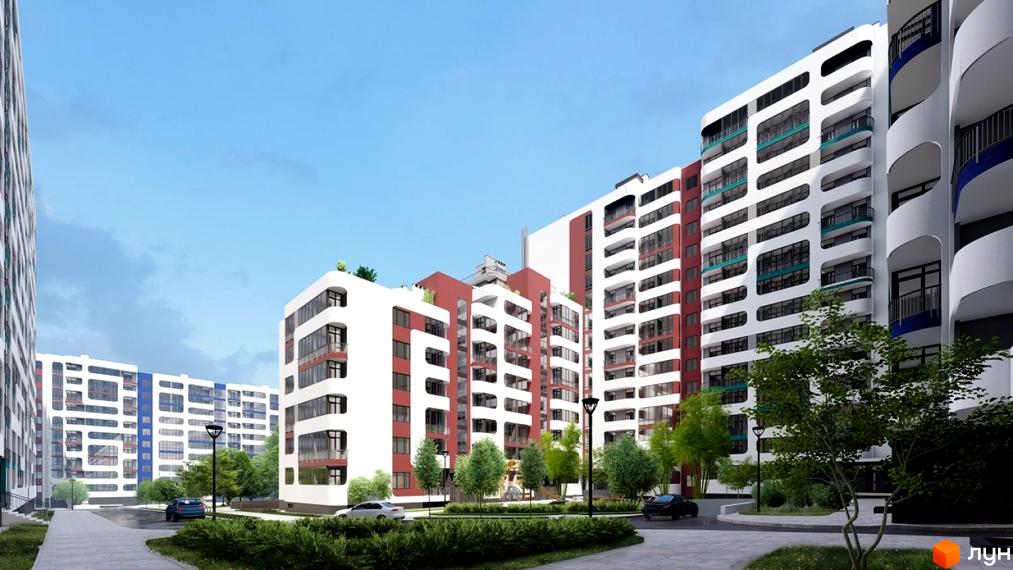 Житловий комплекс На Трускавецькій. Зовнішній вигляд будинків з білими та червоними фасадами, балконами та прибудинковою територією з деревами та доріжками.