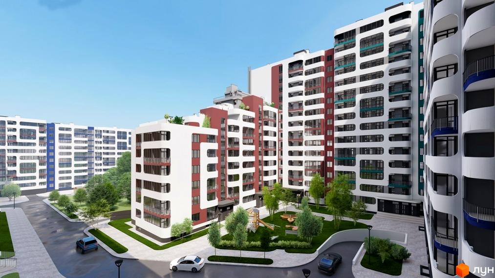 Житловий комплекс На Трускавецькій з біло-червоними фасадами та балконами, що виступають. Територія комплексу озеленена, з дитячим майданчиком та парковкою.