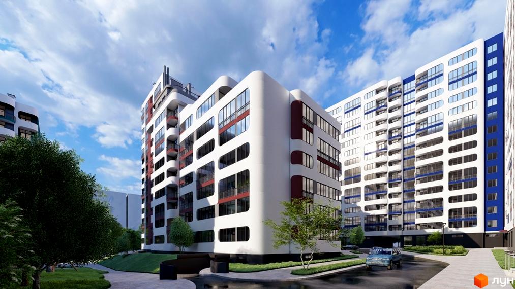 Житловий комплекс На Трускавецькій з білими фасадами та темно-синіми та червоними елементами. Навколо комплексу зелена прибудинкова територія з деревами та доглянутими газонами.