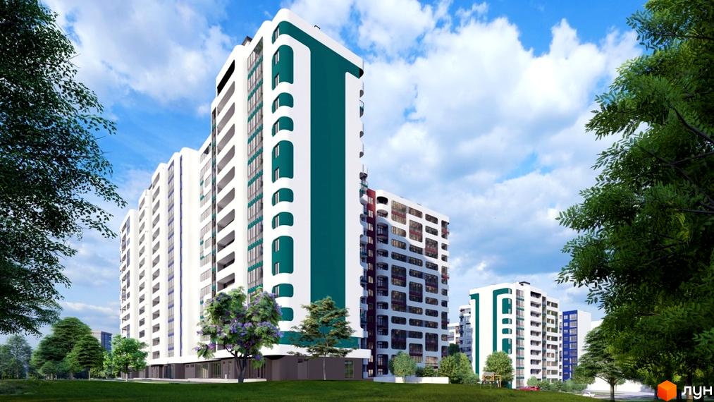 Житловий комплекс На Трускавецькій - це сучасна новобудова з білими фасадами та бірюзовими акцентами, що розташована на доглянутій прибудинковій території з зеленими насадженнями.