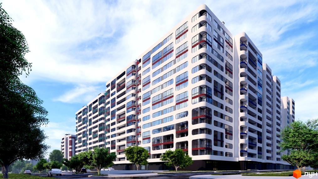 Житловий комплекс На Трускавецькій - це сучасна новобудова з панорамними вікнами та балконами, розташована біля зеленої зони з деревами та дорогою.