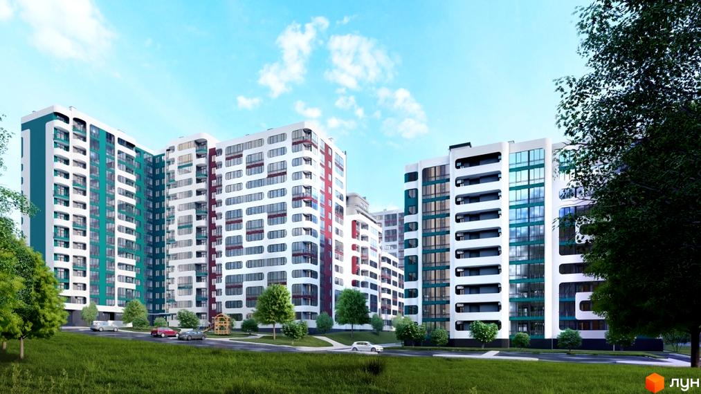 Житловий комплекс На Трускавецькій - це сучасна новобудова з білими фасадами та зелено-бордовими акцентами, що розташована на фоні блакитного неба з хмарами. Територія комплексу озеленена, з доглянутими газонами та деревами.