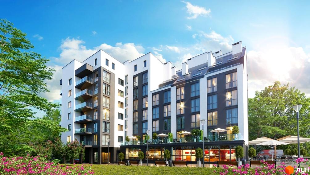 Зовнішній вигляд житлового комплексу на вул. Перфецького з балконами та комерційними приміщеннями на першому поверсі. Прибудинкова територія з деревами та квітами.