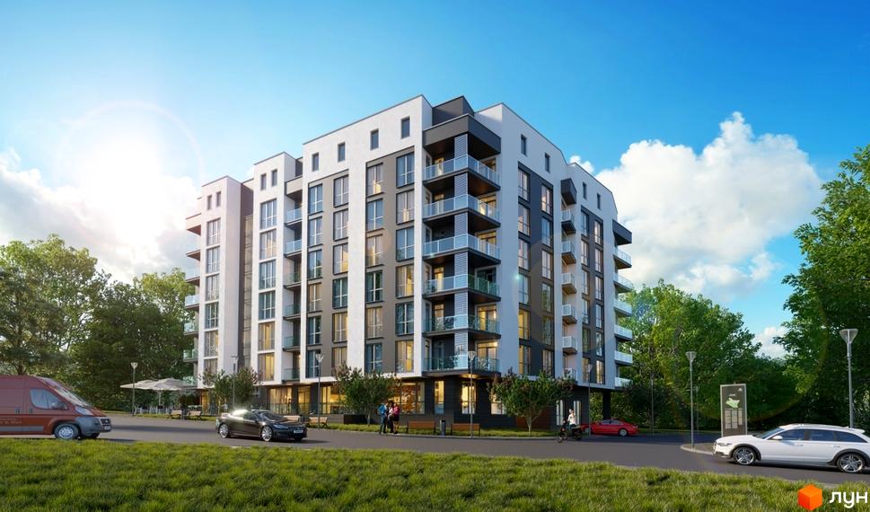 Зовнішній вигляд новобудови на вул. Перфецького з балконами та великими вікнами. Прибудинкова територія з деревами, дорогою та автомобілями.