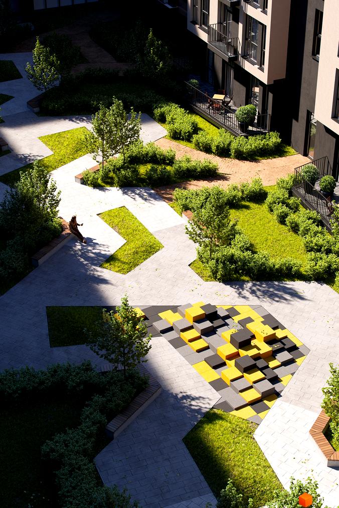 Житловий комплекс Avalon Yard: фасад будівлі та зелена прибудинкова територія з доріжками та зонами відпочинку.