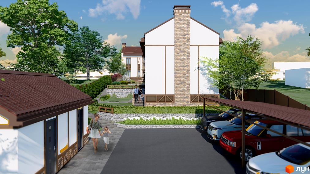 Таунхаус ENGLISH HOUSE з цегляним димоходом та білим фасадом, поруч розташована парковка під навісом та зелена прибудинкова територія.