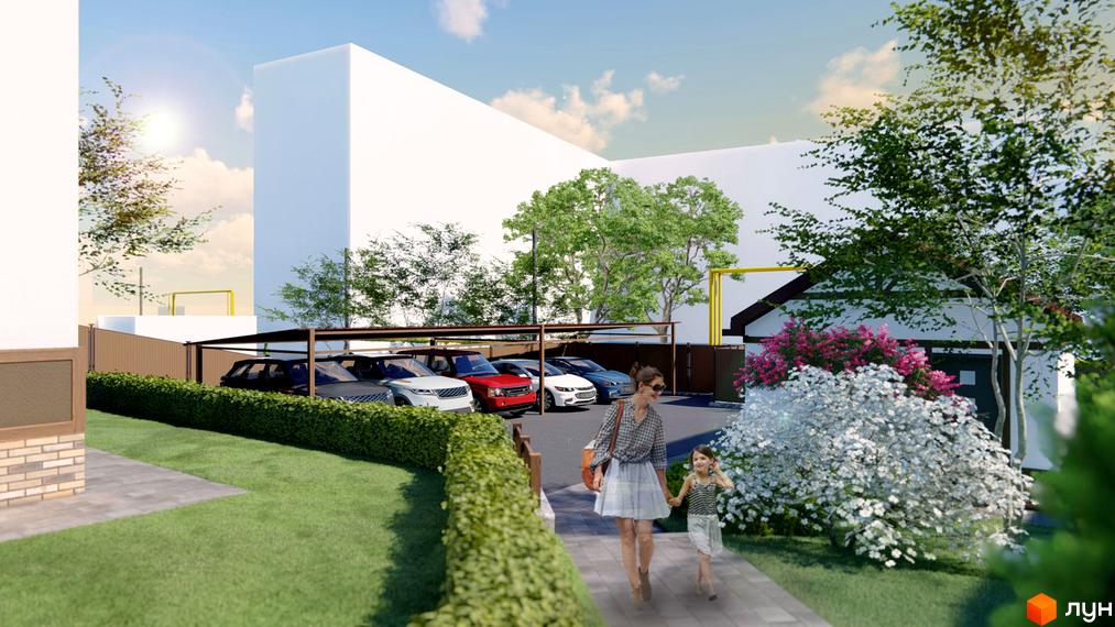 Таунхаус ENGLISH HOUSE з парковкою та зеленими зонами. На зображенні видно паркінг з автомобілями, доглянутий газон та квітучі кущі.