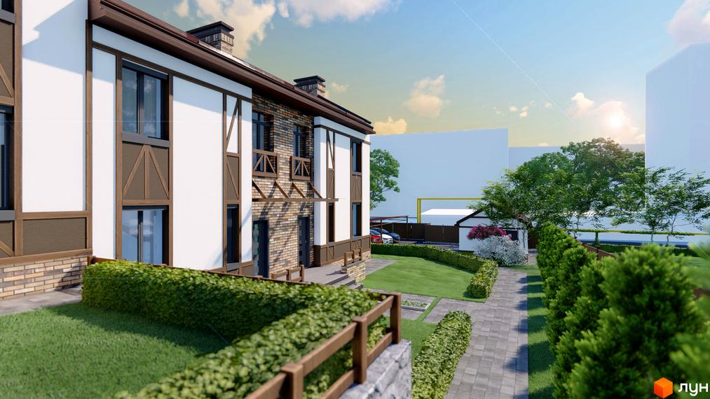 Таунхаус ENGLISH HOUSE з цегляним фасадом та білою обшивкою, вікнами та балконами. Прибудинкова територія з зеленим газоном, доріжками та кущами.