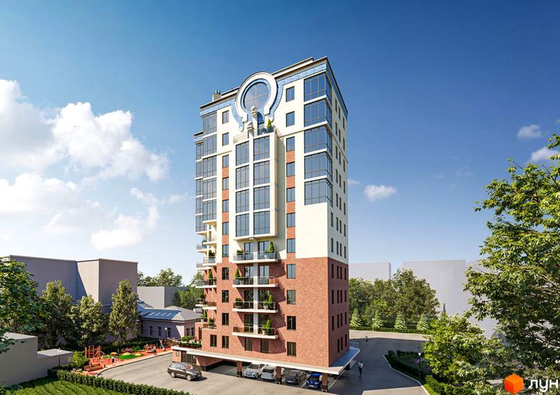 Новобудова the first capital residence з цегляним цоколем та великими вікнами, поруч дитячий майданчик та парковка.