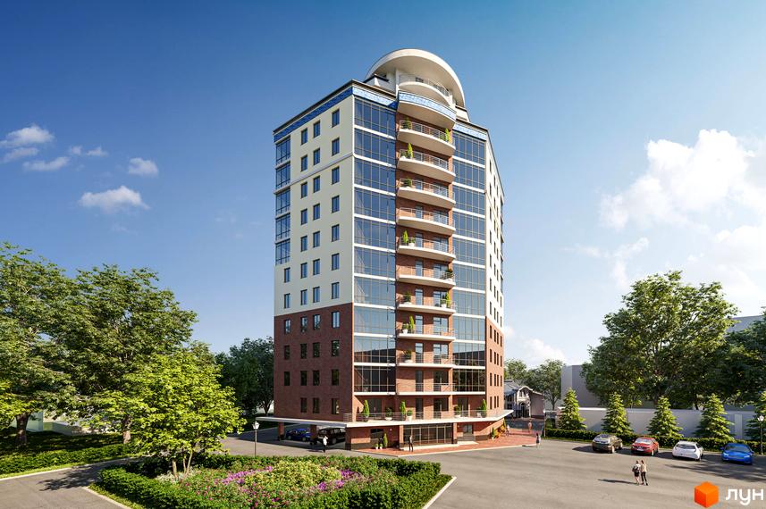 Зовнішній вигляд житлового комплексу The First Capital Residence з цегляним та світлим фасадом та балконами, що виступають. Прибудинкова територія з деревами, квітами та автомобілями.