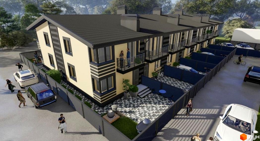 Зовнішній вигляд таунхаусів Smart House з паркуванням та зеленими зонами. Комплекс з двома поверхами та балконами.