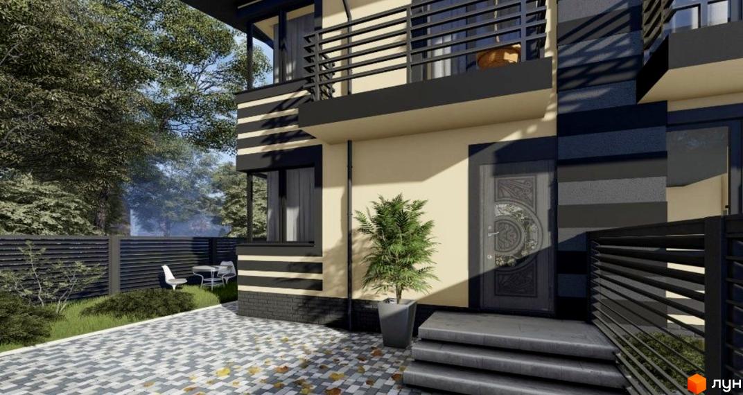 Зовнішній вигляд будинку Smart House з балконом та прибудинковою територією з парканом та зоною відпочинку.