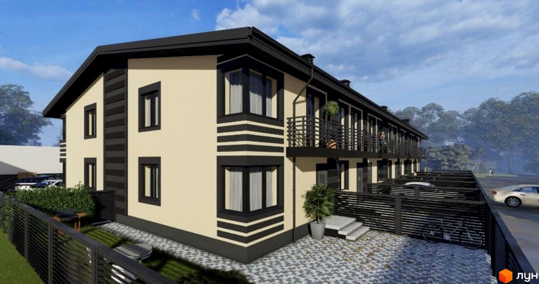 Зовнішній вигляд таунхаусів Smart House з бежевим фасадом та чорними елементами, прибудинкова територія з парканом та велосипедами.