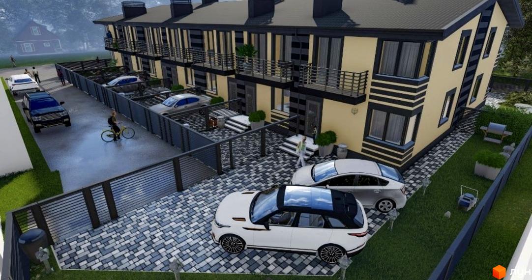 Зовнішній вигляд таунхаусів Smart House з елементами жовтого та чорного кольорів, прибудинкова територія з автомобілями та зеленими насадженнями.