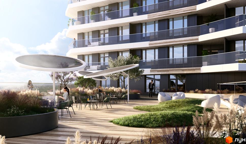 Житловий комплекс Diadans з терасою та зонами відпочинку. Сучасна архітектура та зелені насадження на відкритій терасі.