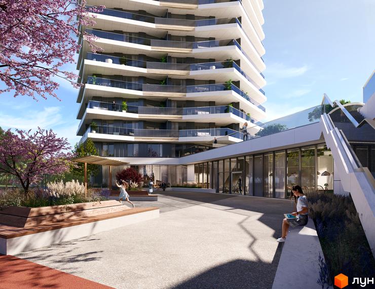 Житловий комплекс Diadans з білими фасадами та скляними балконами. На прибудинковій території розташовані лавиці та зелені насадження.