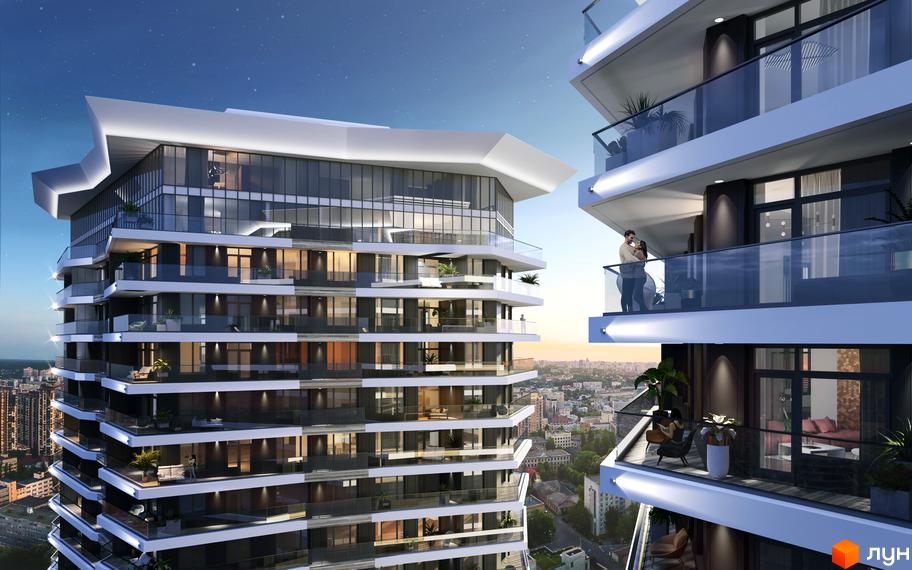 Житловий комплекс Diadans - сучасна архітектура з панорамними вікнами та балконами. Комплекс розташований на фоні міського пейзажу.