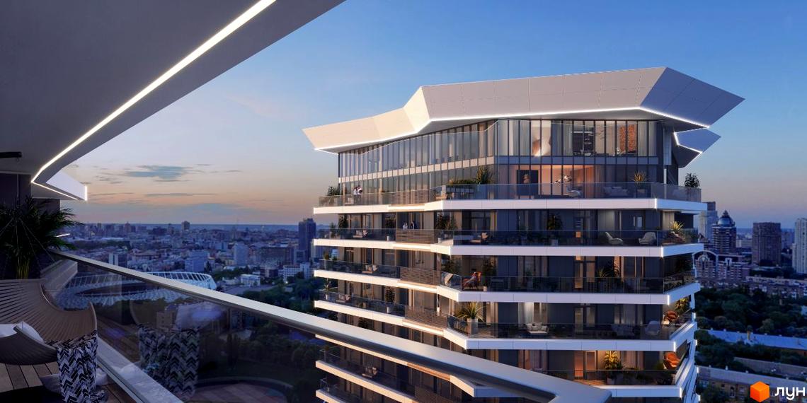 Сучасний житловий комплекс Diadans з панорамними вікнами та балконами на тлі вечірнього міста. Вид з висоти пташиного польоту на багатоповерховий будинок.