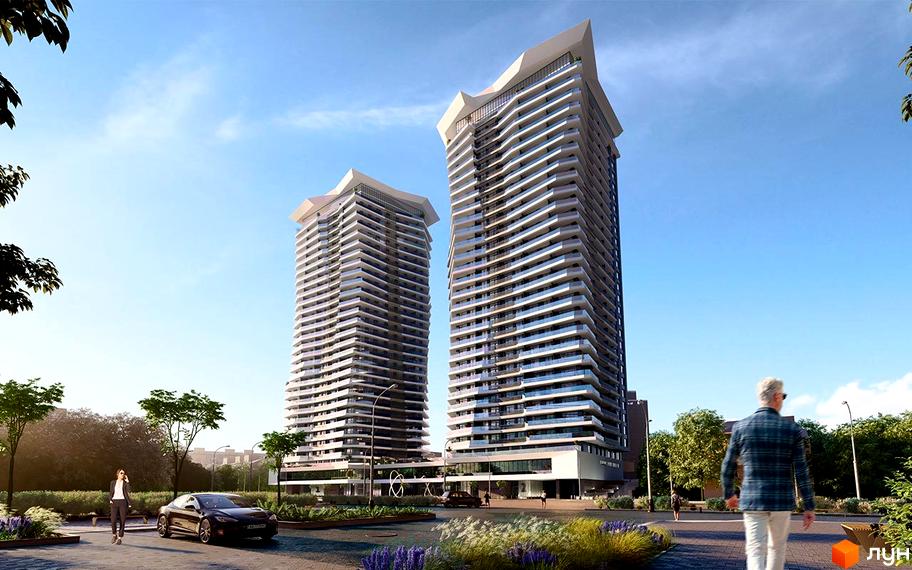 Житловий комплекс Diadans - дві високі вежі з хвилястими фасадами та балконами. Територія навколо комплексу з деревами, квітами та пішохідними доріжками.