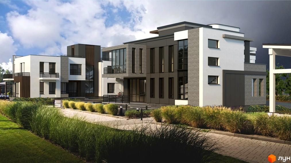 Таунхаус RENAISSANCE – це сучасна новобудова з цегляним фасадом та великими вікнами, розташована серед зеленої зони з доглянутими газонами та доріжками.