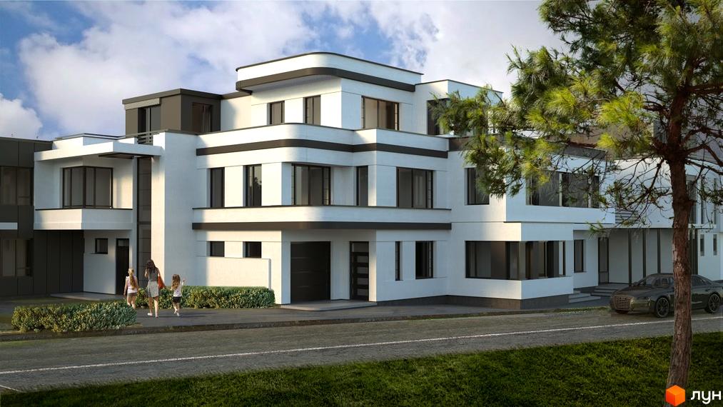 Таунхаус RENAISSANCE - біло-сірий будинок з великими вікнами та виступаючими елементами. Поруч доглянутий газон, зелені кущі та автомобіль.