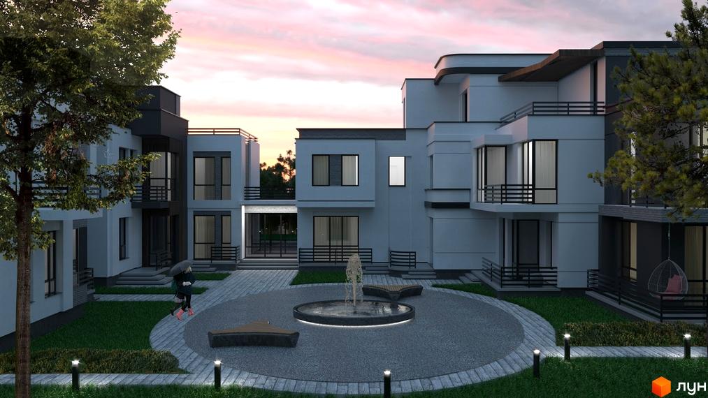 Зовнішній вигляд таунхаусів RENAISSANCE з індивідуальними балконами та великими вікнами, прибудинкова територія з фонтаном та ландшафтним дизайном.