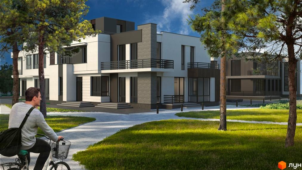 Таунхаус RENAISSANCE – це двоповерхові будинки з великими вікнами та балконами, розташовані серед зеленої зони з доріжками для прогулянок.