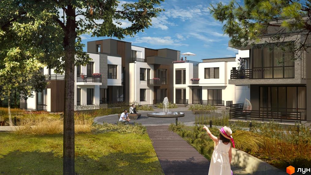 Таунхаус RENAISSANCE – це сучасний житловий комплекс з елегантними фасадами та доглянутою прибудинковою територією з фонтаном.