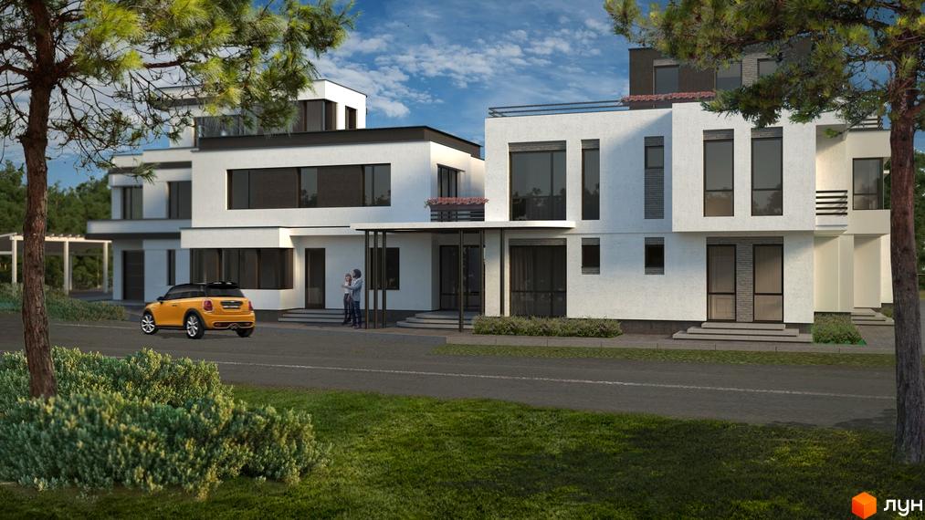 Таунхаус RENAISSANCE - сучасний житловий комплекс з білими фасадами, великими вікнами та прибудинковою територією з деревами та травою. На вулиці стоїть жовтий автомобіль.