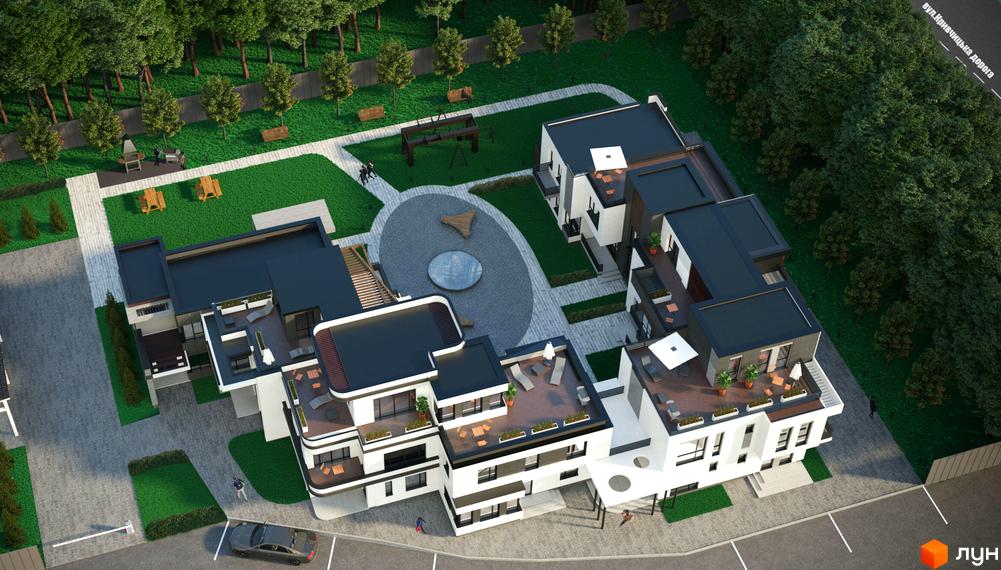 Таунхаус RENAISSANCE - триповерхові будинки з пласкими дахами та терасами. Прибудинкова територія з зонами відпочинку та дитячим майданчиком.