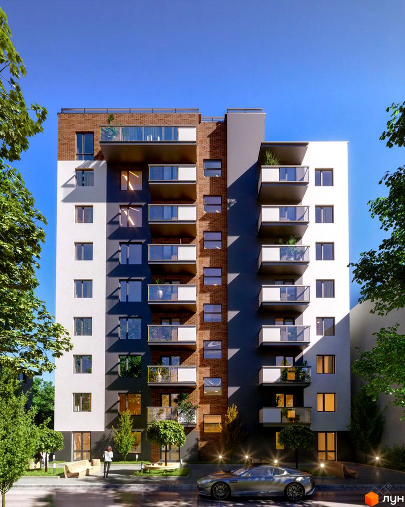 Kovcheg Residence - клубний будинок з цегляним фасадом, балконами та великими вікнами. Прибудинкова територія з деревами та лавками.