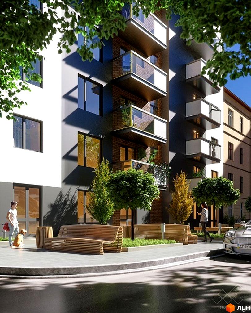 Kovcheg Residence - клубний будинок з балконами та сучасними лавочками на прибудинковій території. Зовнішній вигляд будівлі та зелені насадження.