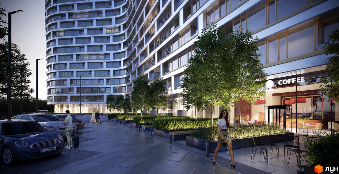 Житловий комплекс Alpina з фасадом з панорамних вікон та прибудинковою територією з деревами та зоною відпочинку.