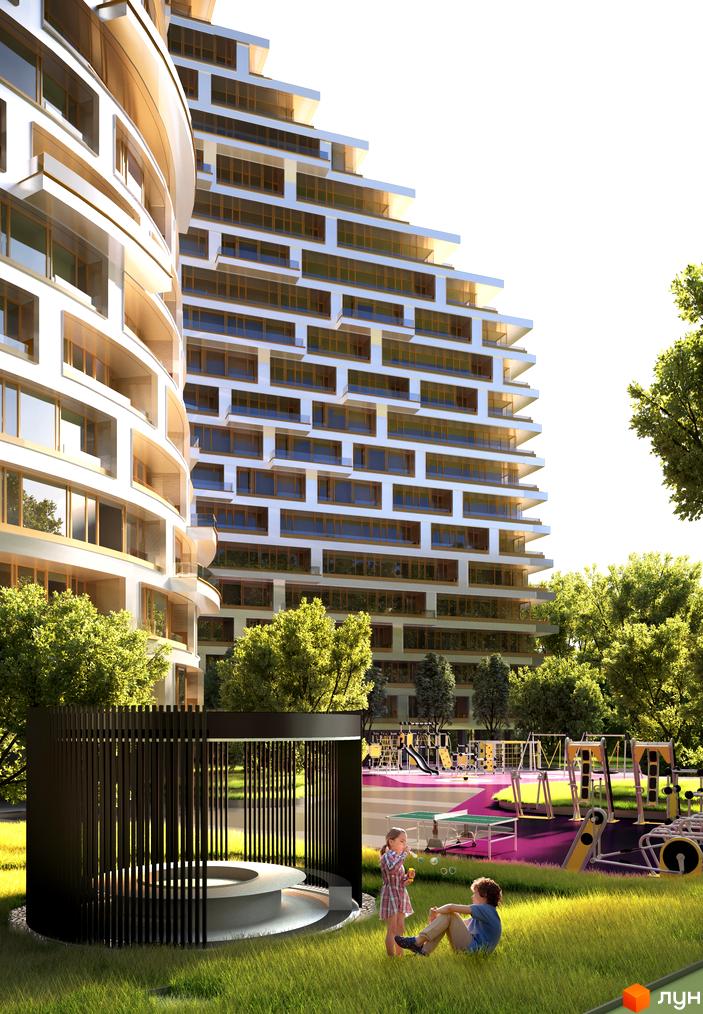 Житловий комплекс Alpina: фасади будівель з панорамними вікнами та балконами, дитячий майданчик з ігровими комплексами та зонами відпочинку.