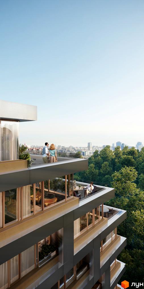 Житловий комплекс Alpina з просторими балконами та панорамними вікнами, що виходять на зелений парк та міський пейзаж.