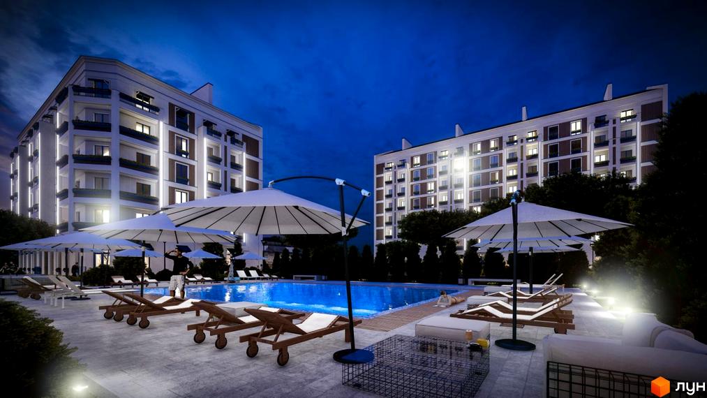 Зображення сторінки Житлового комплексу Club City з басейном, лежаками та парасольками на фоні двох багатоповерхівок.