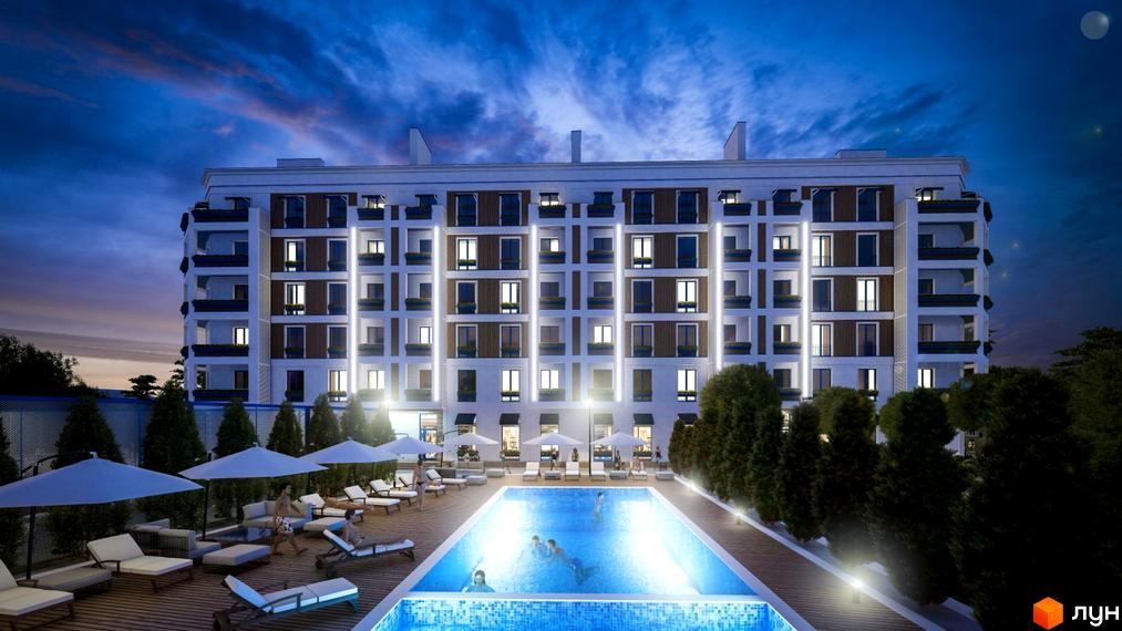 Зображення фасаду Житлового комплексу Club City з басейном та зоною відпочинку. Вечірнє освітлення будівлі.