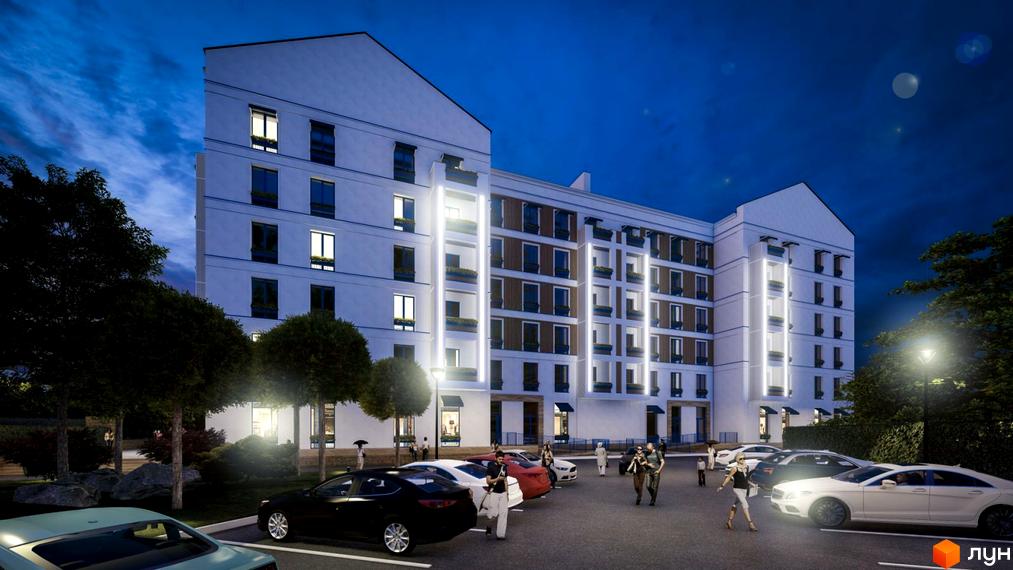Зображення фасаду та прибудинкової території Житлового комплексу Club City в нічний час. На передньому плані парковка з автомобілями.