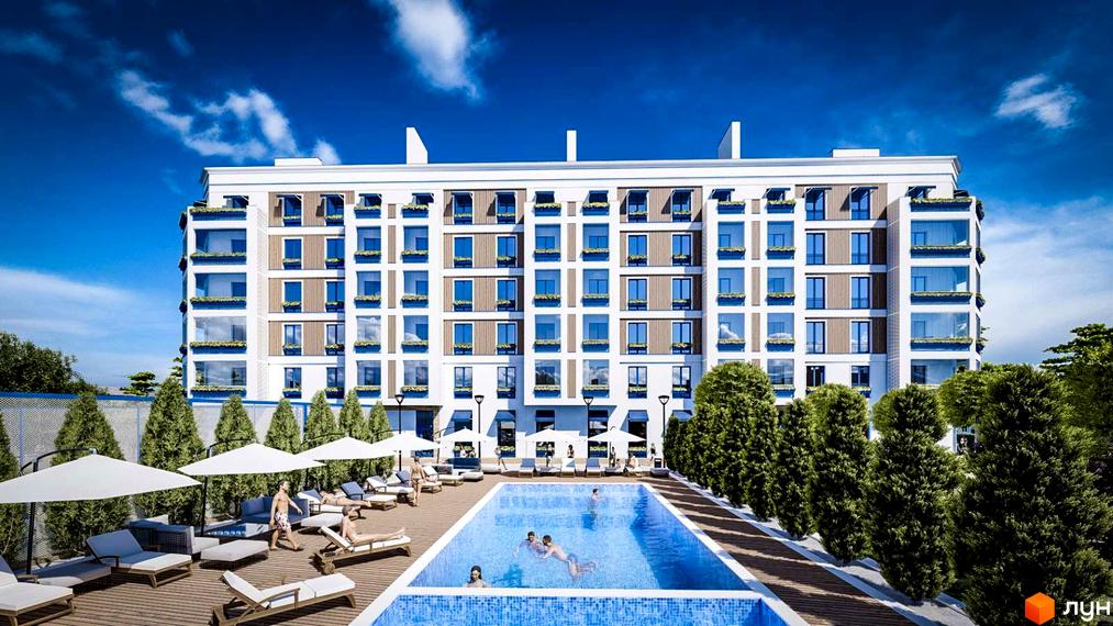 Зображення фасаду та басейну Житлового комплексу Club City. На прибудинковій території розташовані лежаки та парасольки.