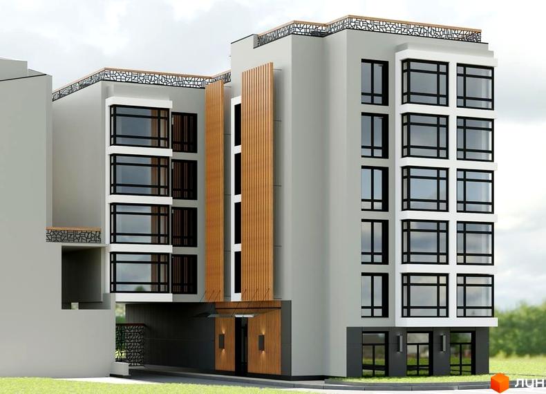 Новобудова ЖК CENTRAL HOUSE з панорамними вікнами та дерев'яними елементами фасаду. Оточена зеленою зоною та доглянутою прибудинковою територією.
