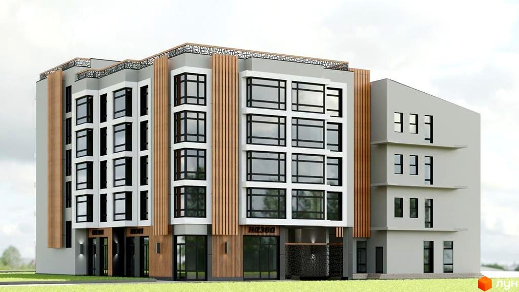 Зовнішній вигляд житлового комплексу CENTRAL HOUSE з великою кількістю вікон та дерев'яними елементами фасаду. Навколо будинку зелена галявина.