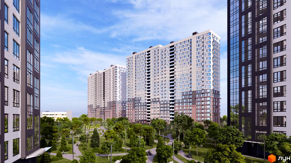 Високі будинки ЖК Star City з великими вікнами на тлі блакитного неба. Зелена прибудинкова територія з алеями та деревами.