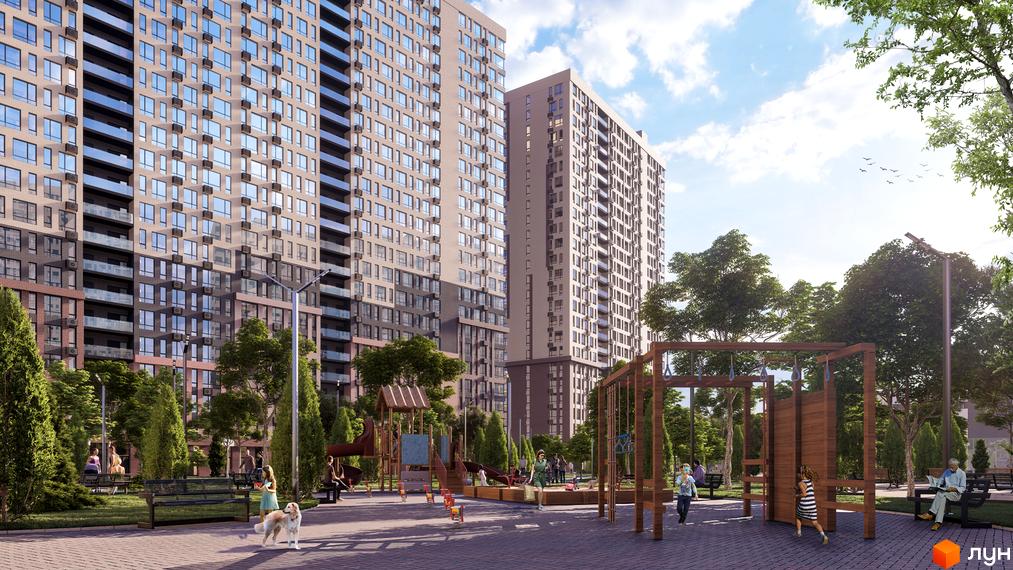 Високі будинки ЖК Star City з великими вікнами, дитячий майданчик та зелені насадження на прибудинковій території.